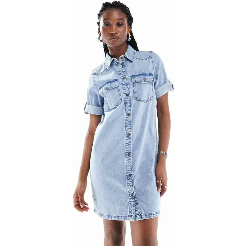 Noisy May rolled sleeve denim mini dress in light blue wash-Black 100094229