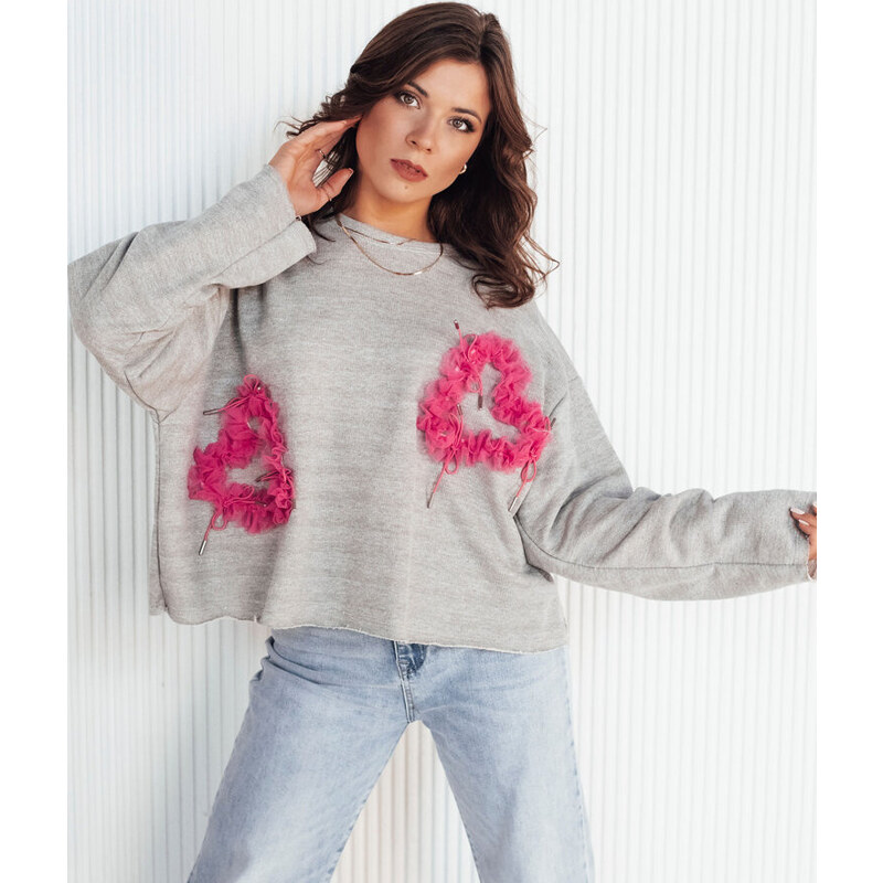 BASIC Šedá oversize mikina s výšivkou srdcí RAWEL
