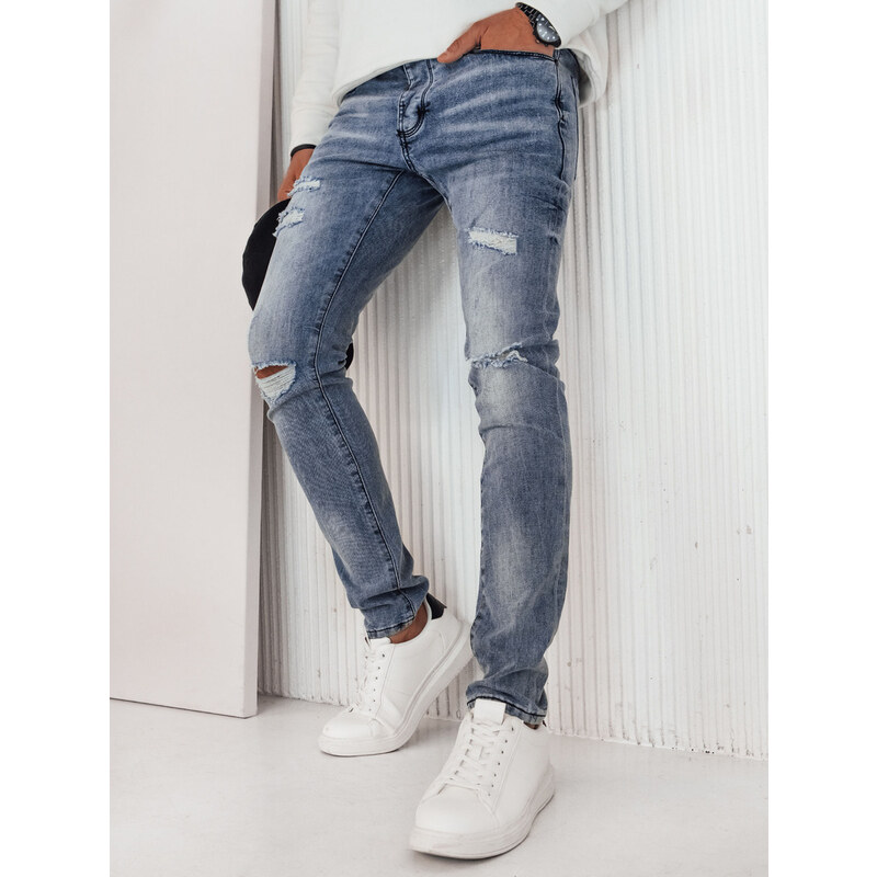 BASIC Modré džínové kalhoty s díry a oděrkami Denim vzor