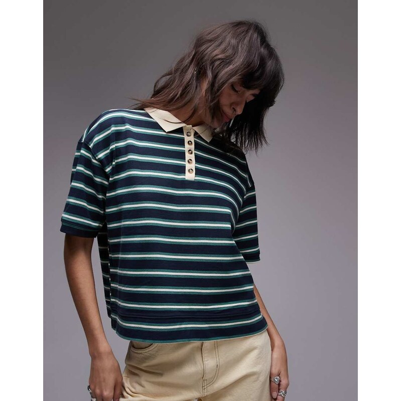 Topshop stripe boxy short sleeve polo in navy 104281590