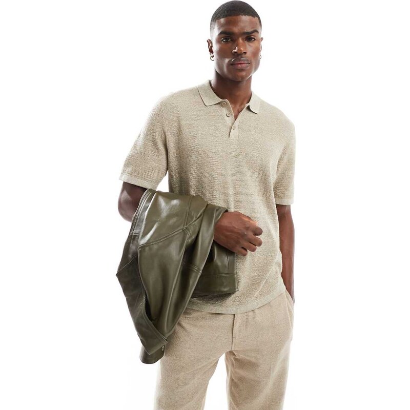 Jack & Jones textured knitted polo in beige-Neutral
