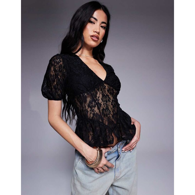 ASOS DESIGN lace puff sleeve seam detail top in black 104326973