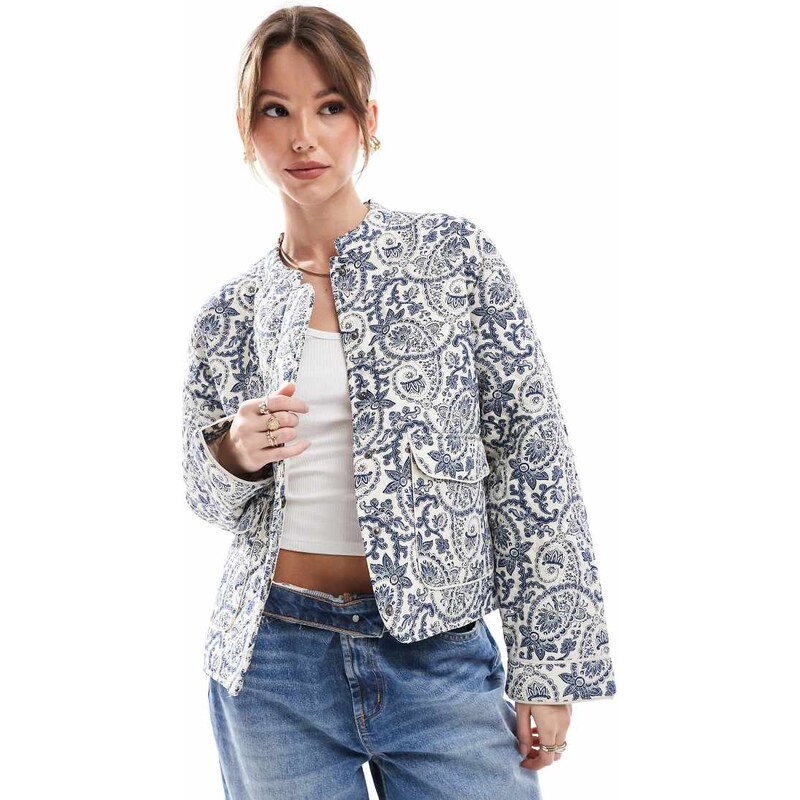 ONLY quilted jacket in blue jacquard print