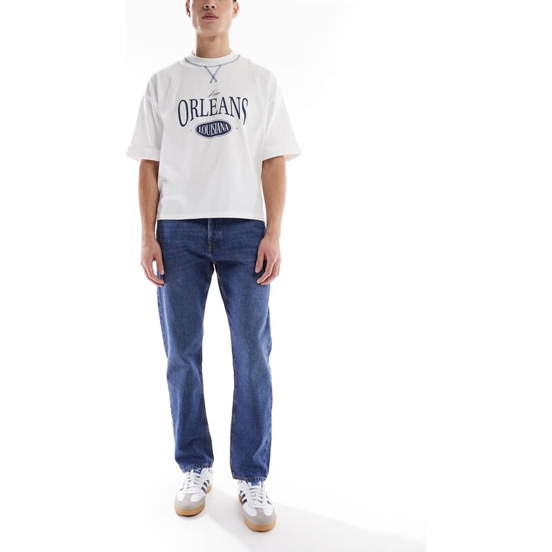 Jack & Jones Chris straight rigid jeans in mid blue wash
