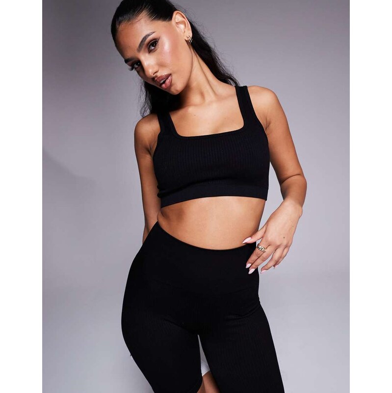 4505 Icon mid impact seamless rib sports bra with square neck in black 104389103