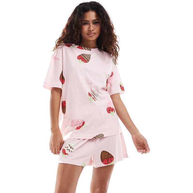 ASOS DESIGN chocolate strawberry oversized tee & short pyjama set in 103221584