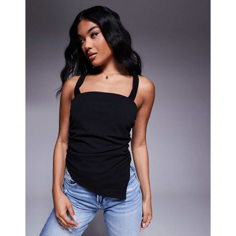 ASOS DESIGN ruched asymmetric halter neck top in black 104341743