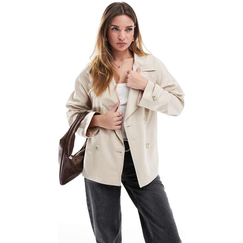 Stradivarius short trench coat with belt in stone-White