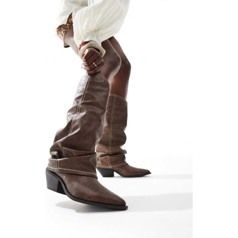 SEQWL Lexus slouchy fold over western boots in brown 104372712