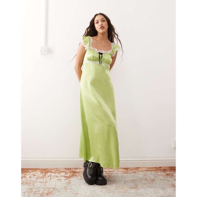 Reclaimed vintage satin midi tea dress in green 104372980