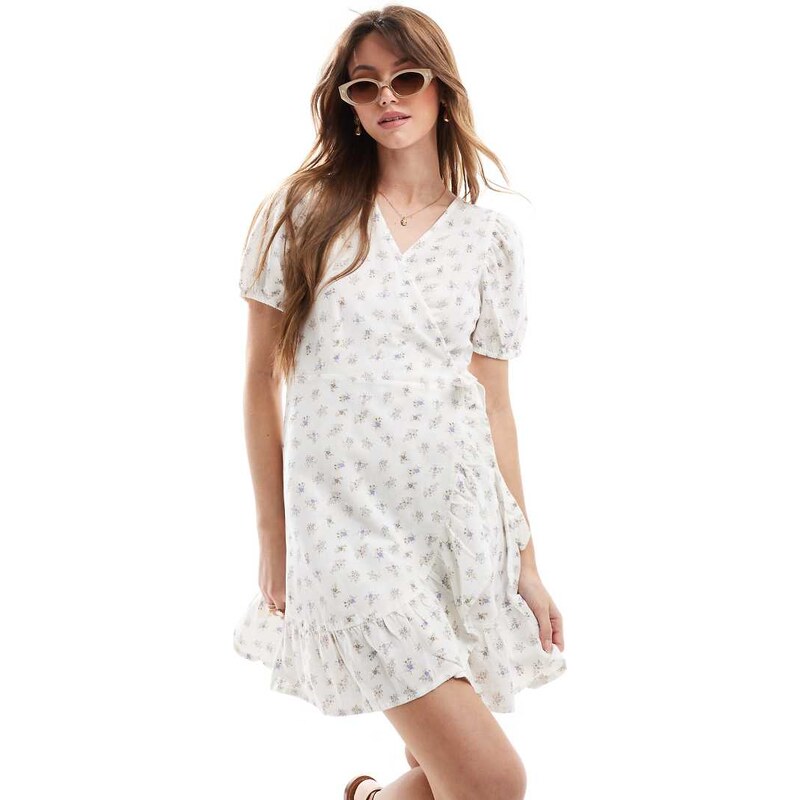 Brave Soul ditsy print mini wrap dress in white