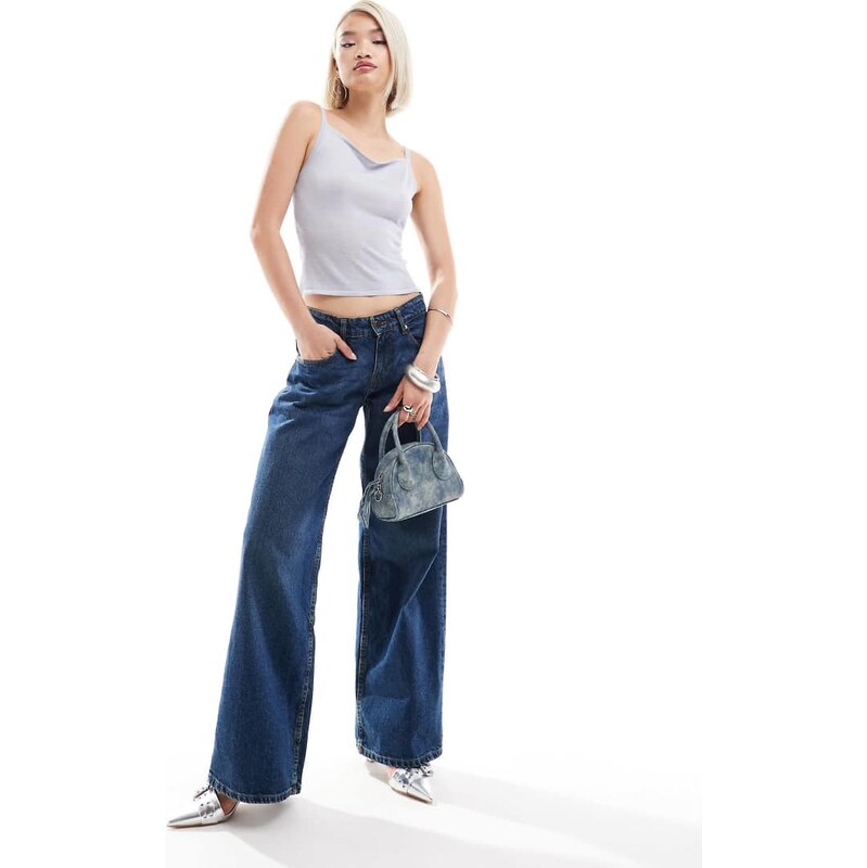 Motel roomy wide leg low rise jeans in mid indigo-Blue