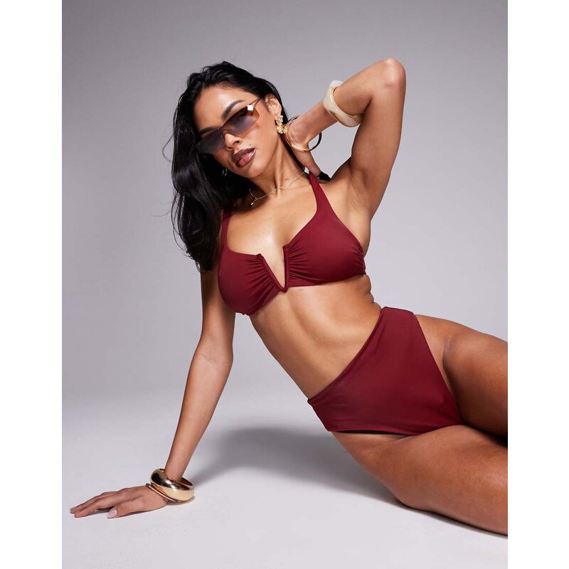 ASOS DESIGN Maya mix and match v wire crop bikini top in burgundy-Red 104386016