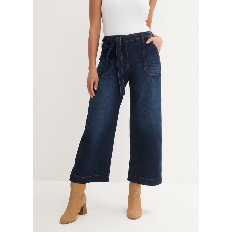 bonprix Džíny Wide Leg, Mid Waist, pohodlný pas, zkrácené modrá Žena 24723775