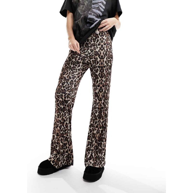 ONLY ribbed flare trousers in leopard print-Multi