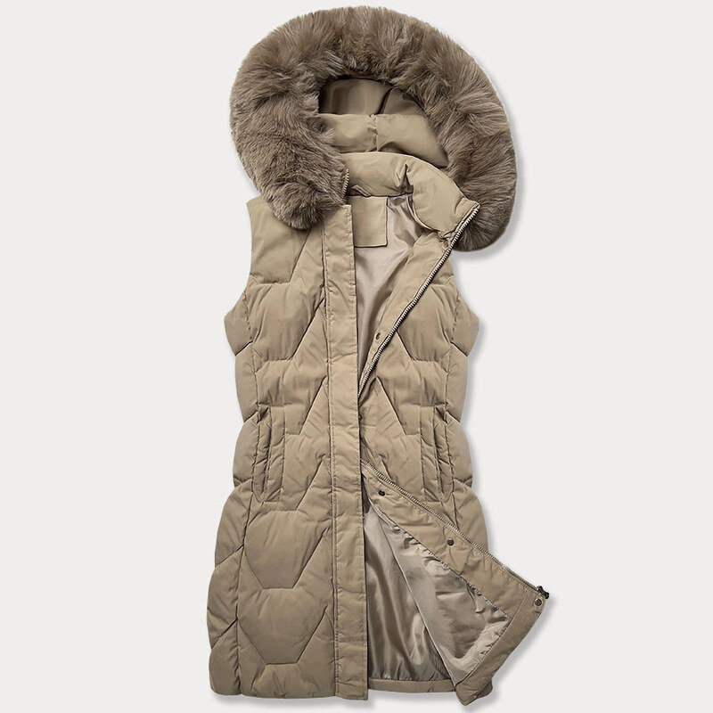 Dámská bunda bez rukávů s kožešinou na kapuci J Style béžová (16M9172 104392209