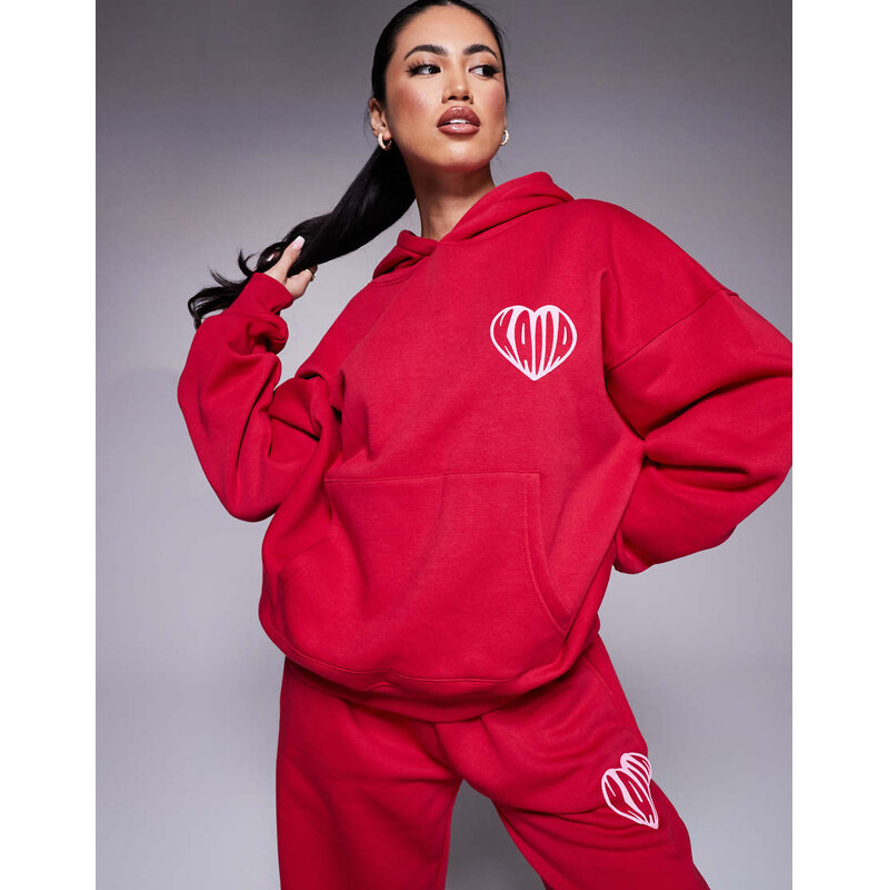 Kaiia cotton blend contrast heart logo oversized hoodie co-ord in red 104597292