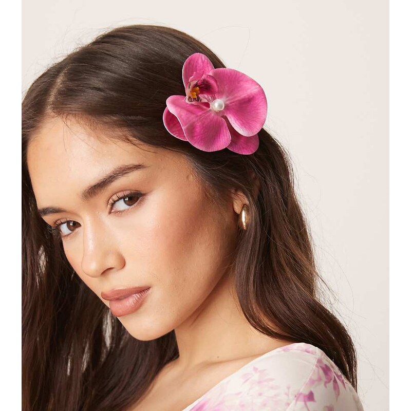 DesignB London exotic fabric flower hair clip in purple