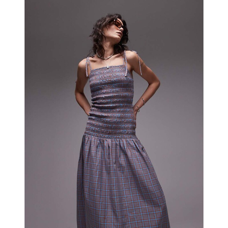 Topshop Cami shirred midi dress in blue check