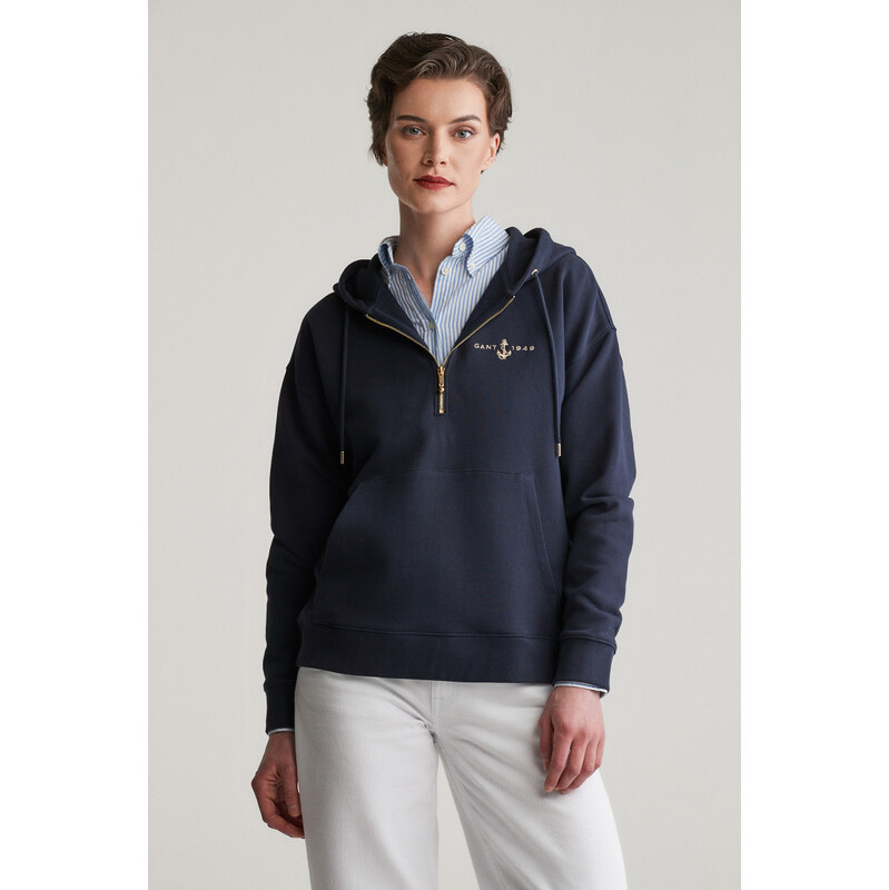 MIKINA GANT HALF ZIP ANCHOR HOODIE EVENING BLUE