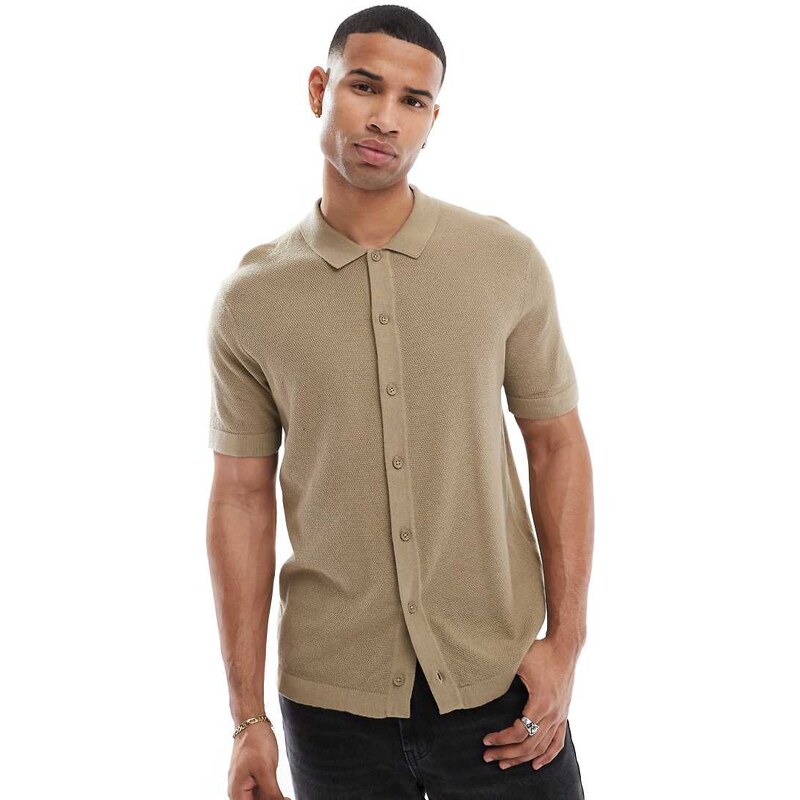 Jack & Jones knitted button through polo in beige-Neutral