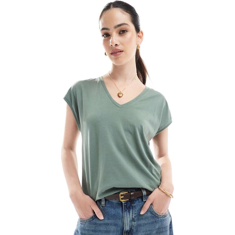 Vero Moda relaxed oversized v neck t-shirt in khaki-Green