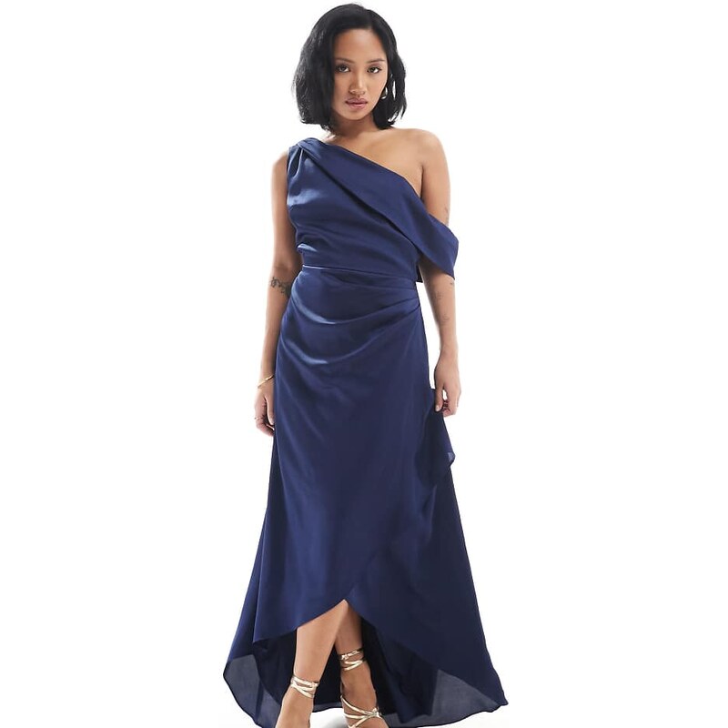 TFNC Petite Bridesmaid satin fallen shoulder maxi dress with wrap 105996969