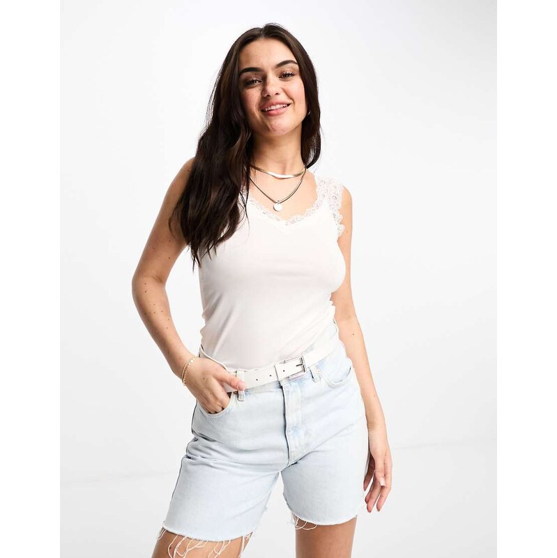 Pieces v neck lace trim vest in white 115509645