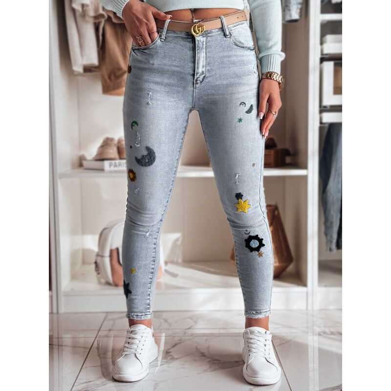 BASIC Světle modré dámské skinny džíny s originální výšivkou
