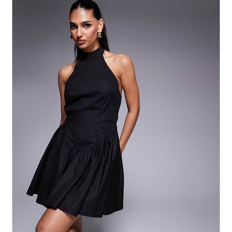 Kaiia exclusive halterneck low back dropped v waist mini dress in 105419035