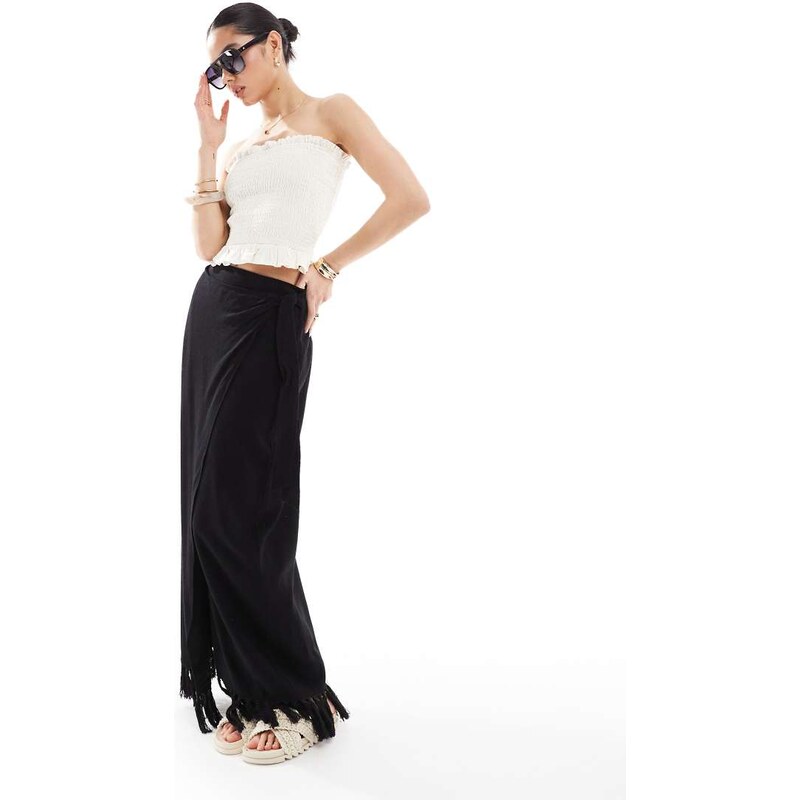 4th & Reckless linen blend wrap tie side fringed hem maxi skirt in 104459714