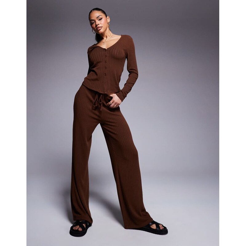 ASOS DESIGN co-ord wide rib wide leg trouser in chocolate-Brown 104459791