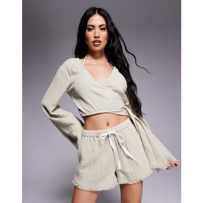 ASOS DESIGN Callie cheesecloth frayed beach short in washed sage