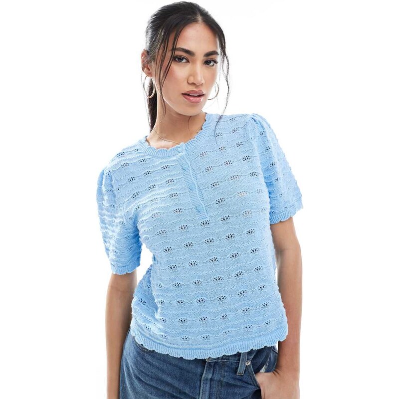 Vero Moda short sleeved crochet top with buttons in light blue 107426608