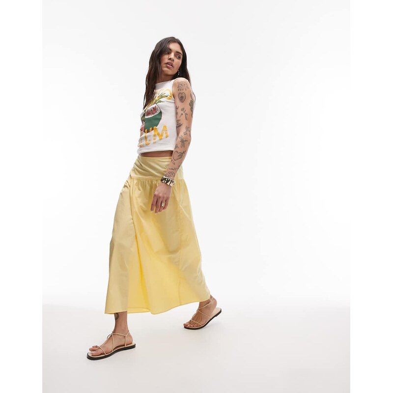 Topshop poplin full skirt with curved dropped waistband in yellow 113260229