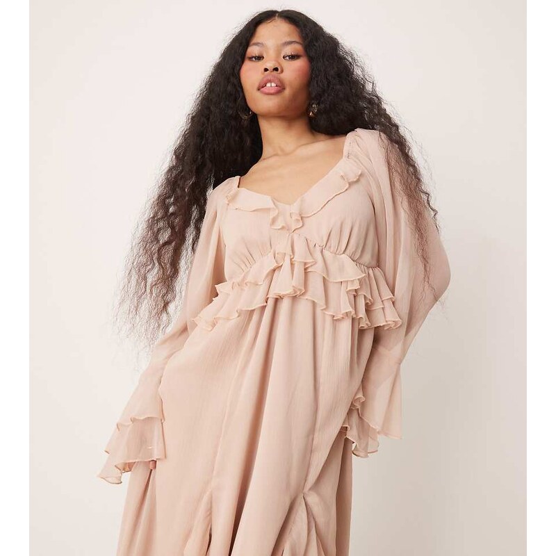 Miss Selfridge Petite chiffon boho ruffle maxi dress in pink 104679760