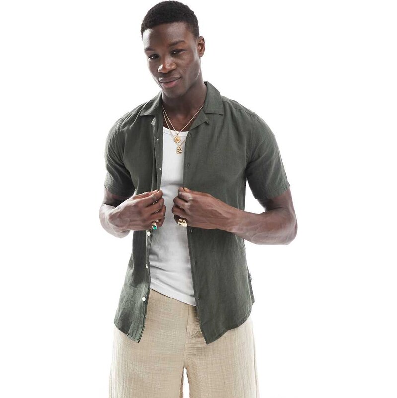 ONLY & SONS linen mix revere collar shirt in dark khaki-Neutral