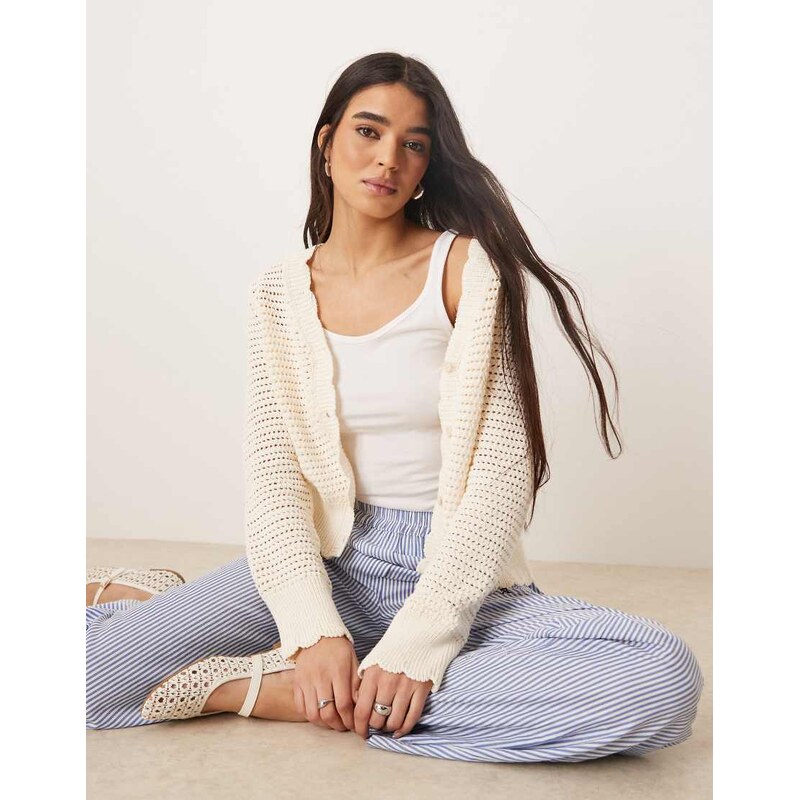 ASOS DESIGN knitted crochet look cardigan with scalloped edge in ecru 104469691