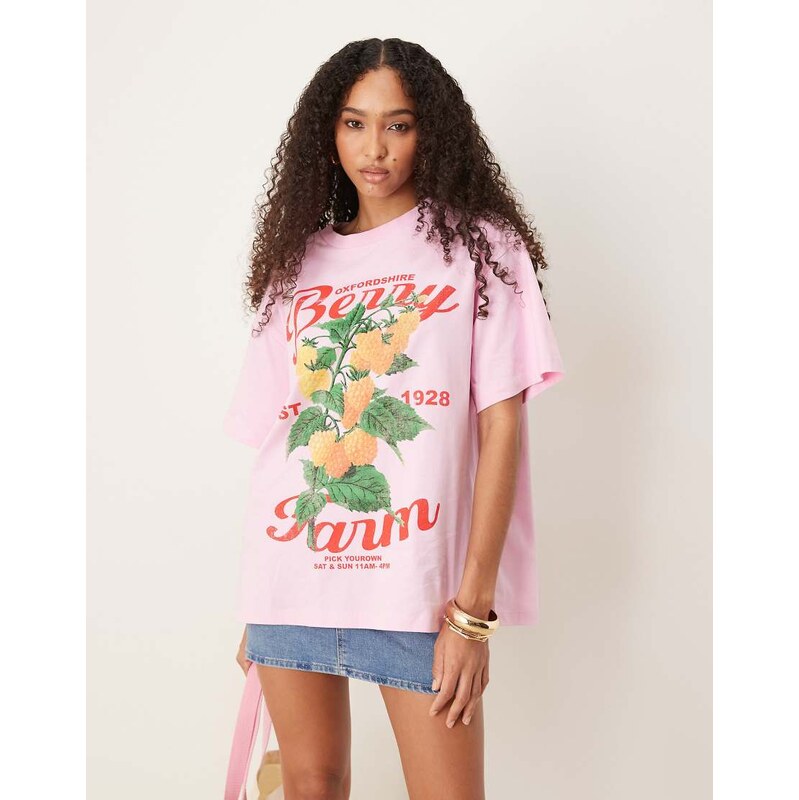 ASOS DESIGN oversized t-shirt with berry graphic in pink