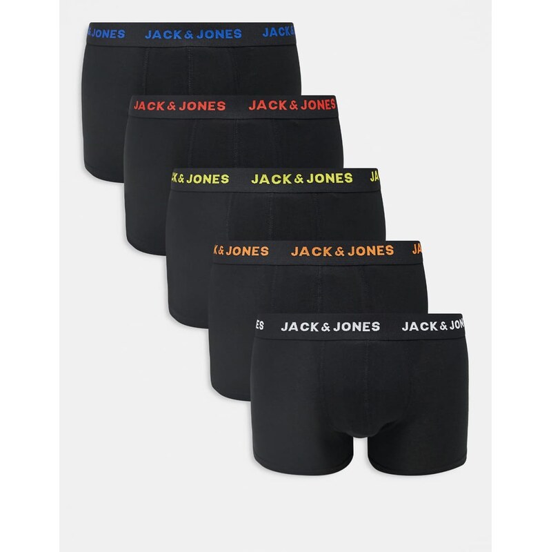 Jack & Jones 5 pack trunks with contrast waistband in black mix