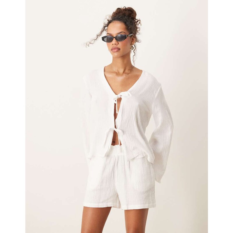JDY tie front cheesecloth shirt co-ord in white