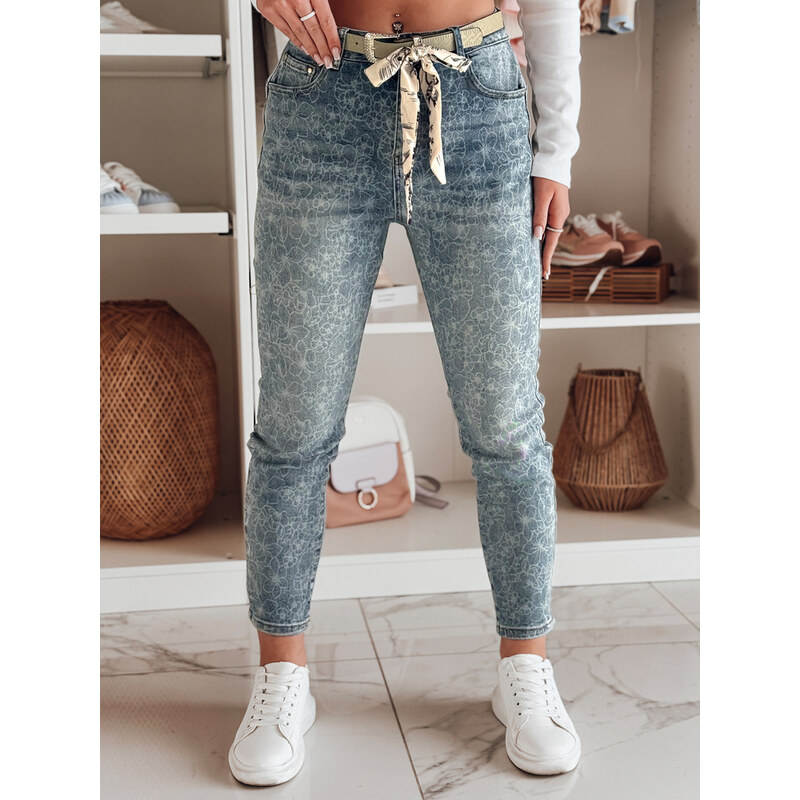 BASIC Světle modré dámské slim fit džíny s květinovým vzorem