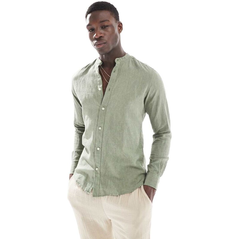 ONLY & SONS linen mix grandad collar shirt in sage-Neutral