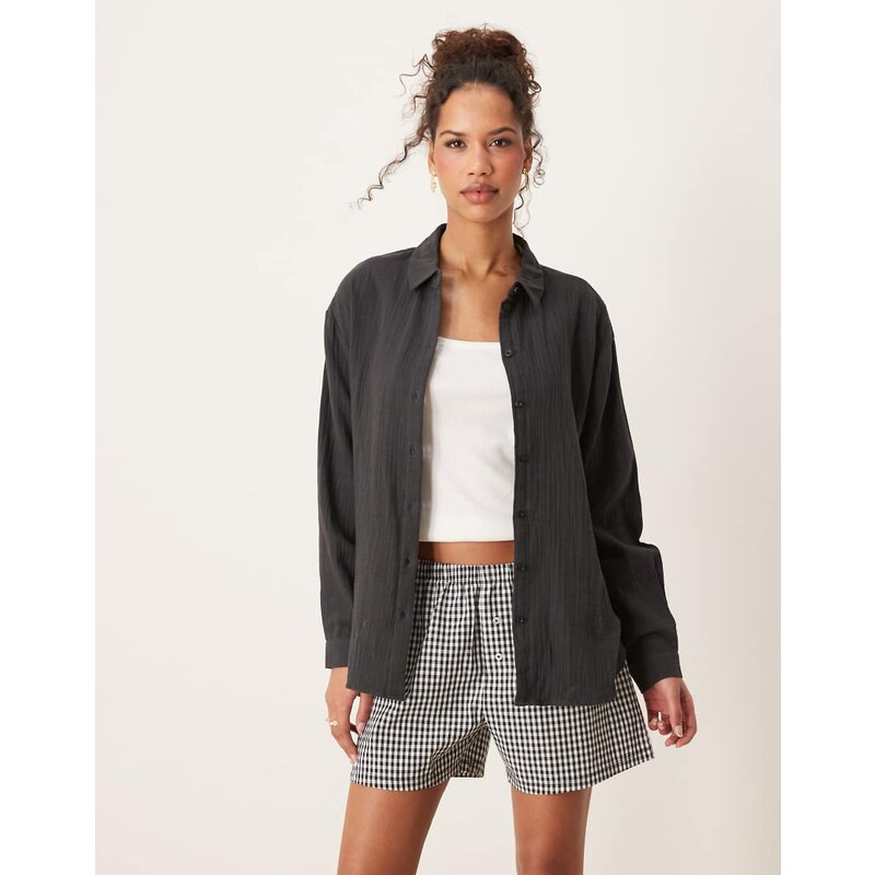 JDY long sleeve loose cheesecloth shirt in dark grey 104501831