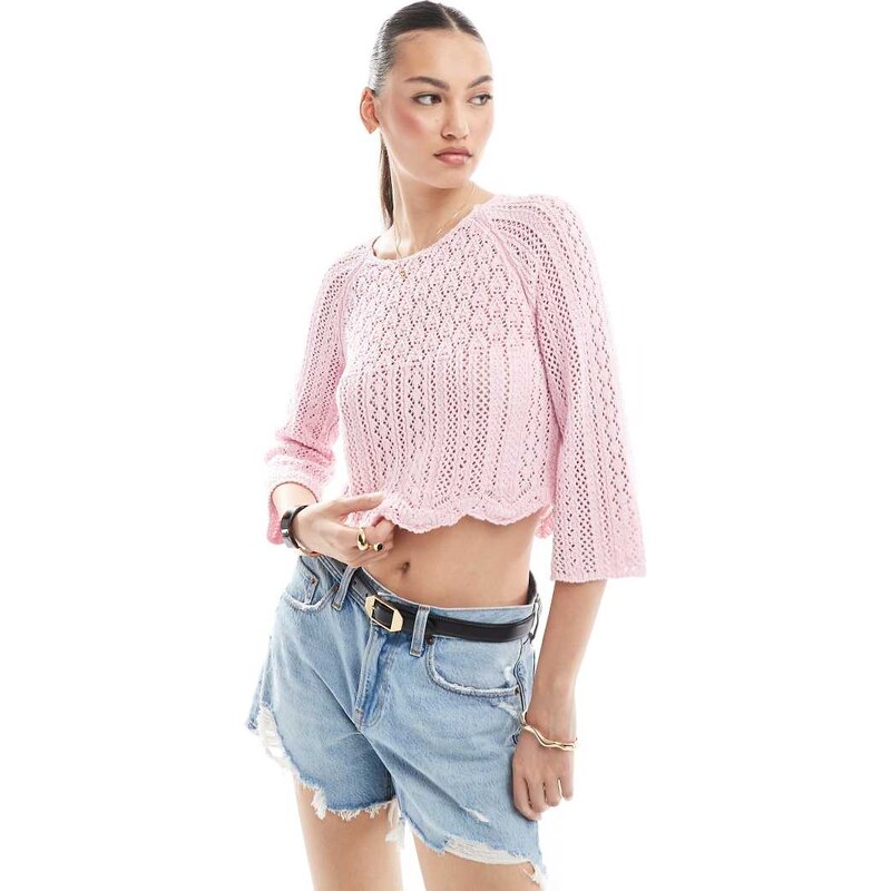ONLY wide sleeve crochet top in pink