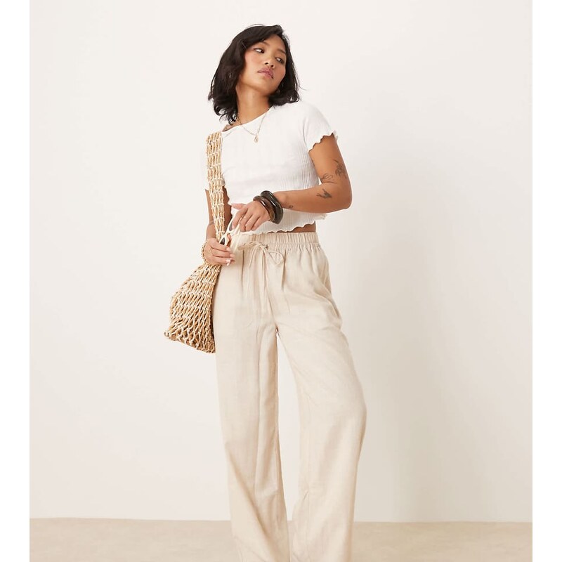 ASOS Petite ASOS DESIGN Petite pull on trousers with linen in stone 115533593