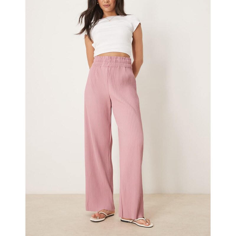 YAS high waisted wide leg plisse trousers in lilas pink