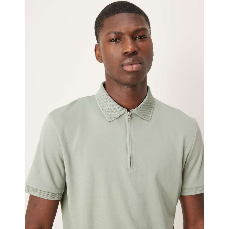 Selected zip polo shirt in light green