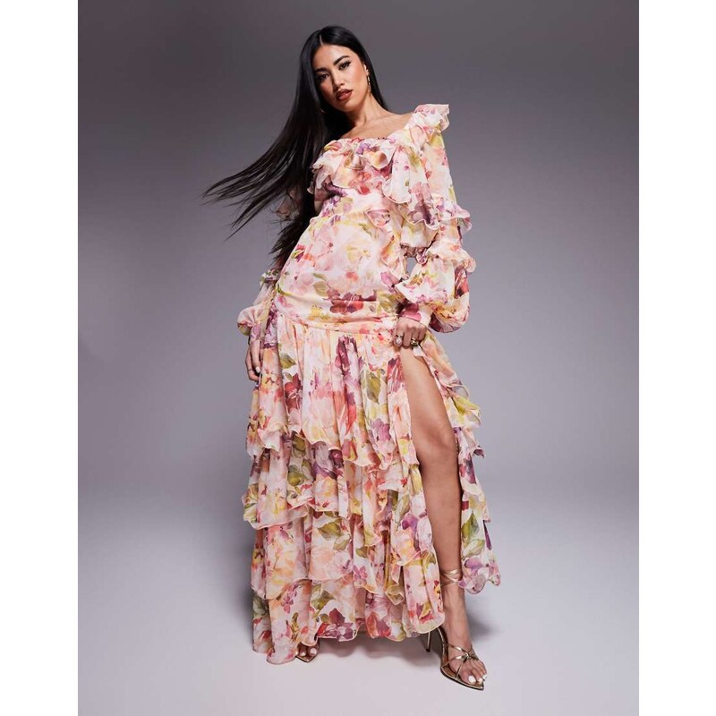 ASOS LUXE organza and chiffon printed asymmetrical maxi dress with in 106168173