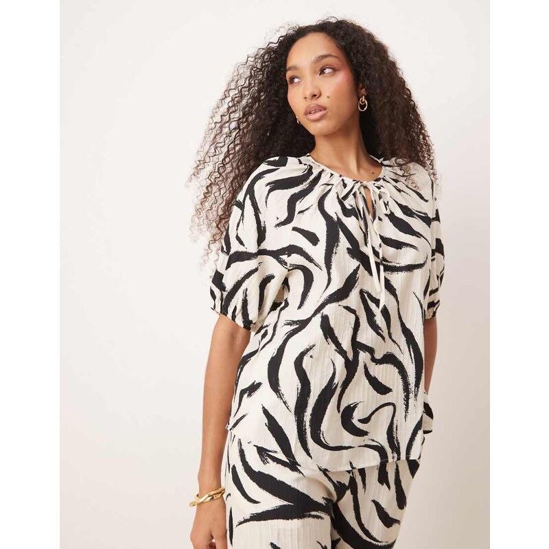 Vila short sleeve tie neck top co-ord in monochrome print-Multi